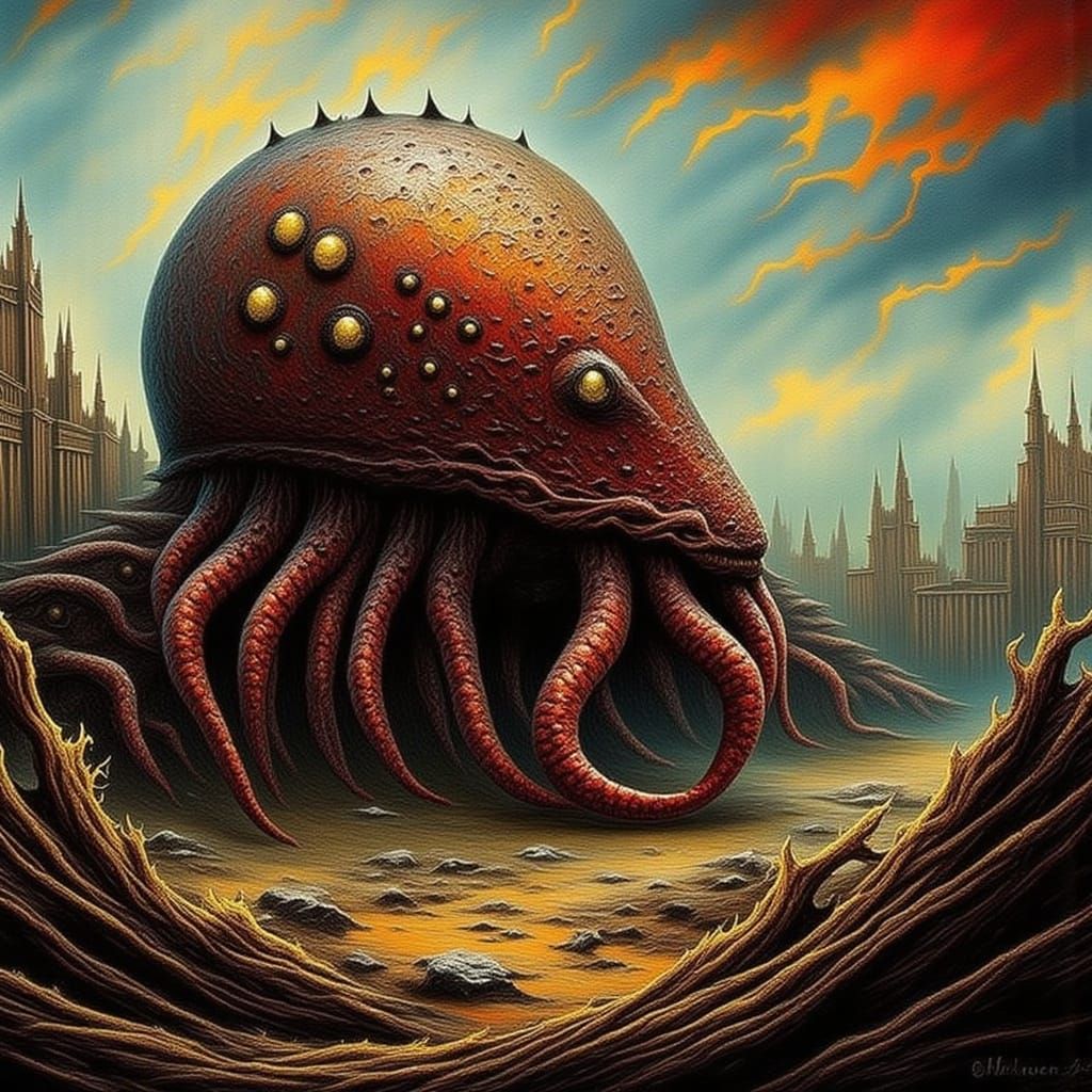 Colossal Crustacean Mimicking Ancient Ruins as Impasto Paint...