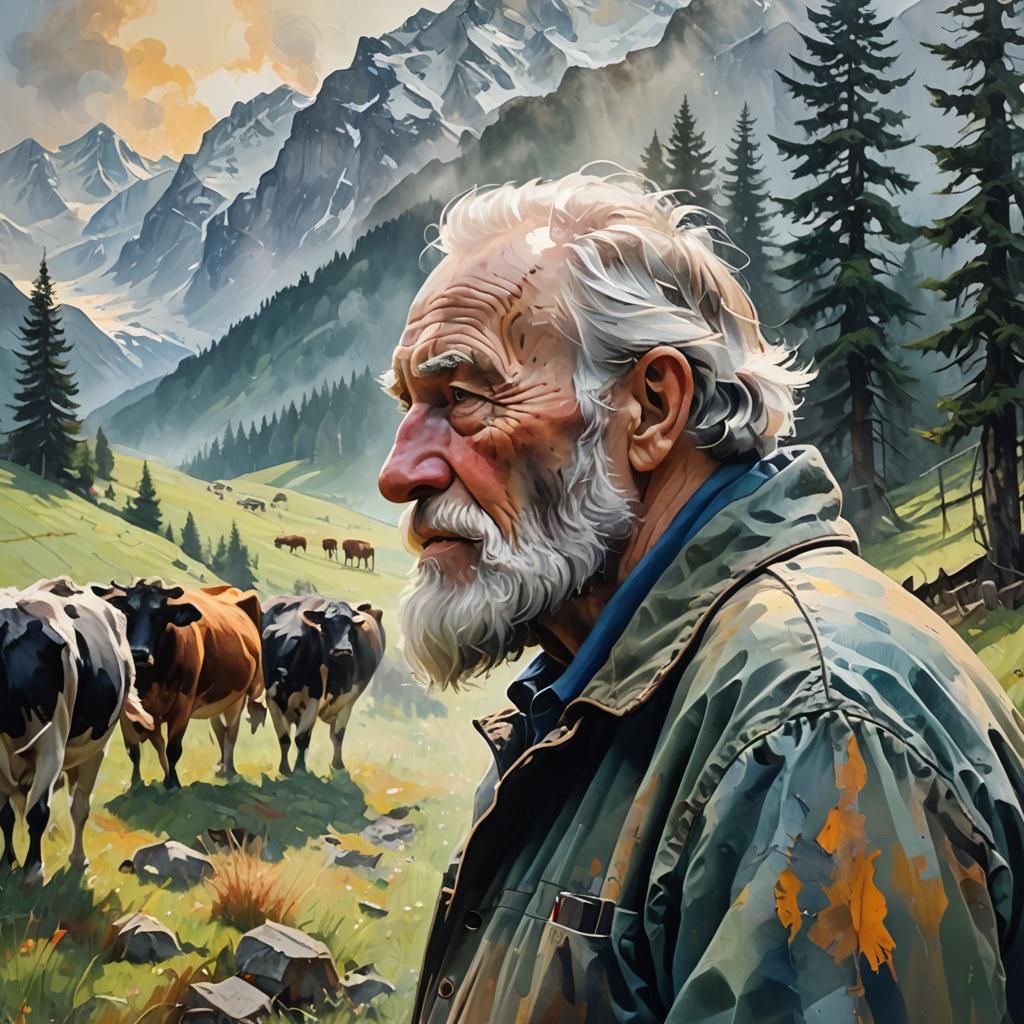 Swiss Alps Double Exposure Impasto Painting