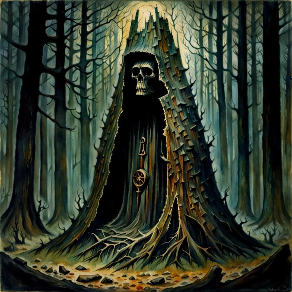 Watercolor Forest Hermit Stump in Beksiński Style