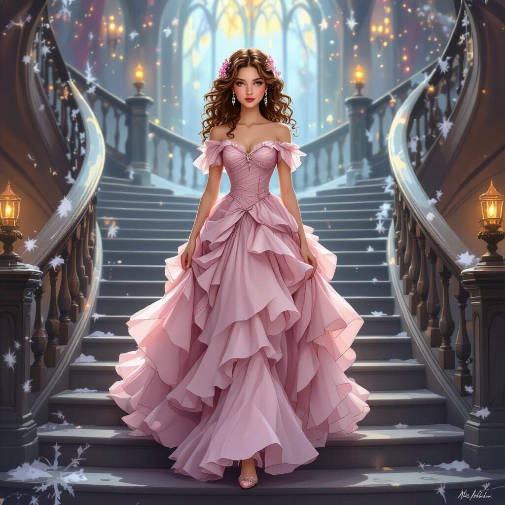 Young Witch in Pink Gown on Hogwarts Staircase