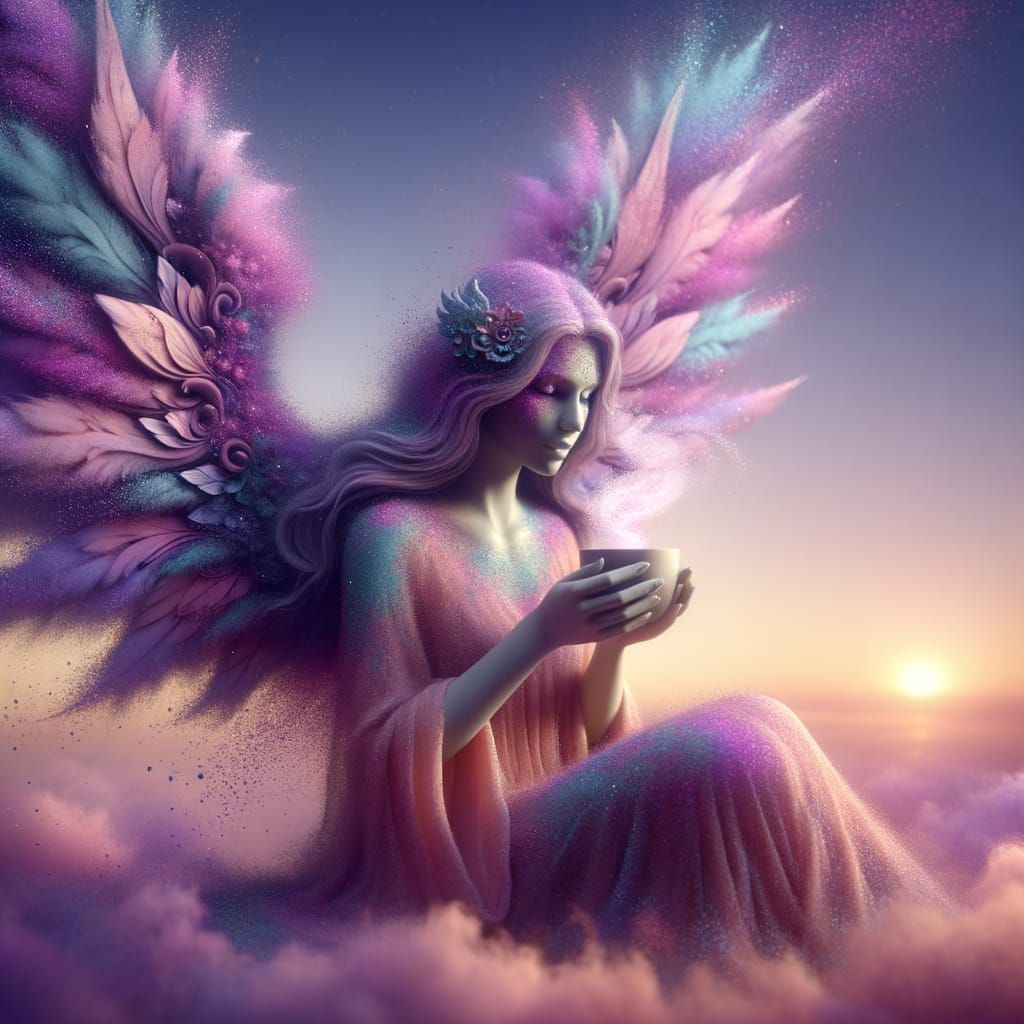 Purple and Pink Angel Sipping Morning Coffee