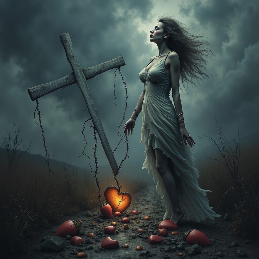 Heartbroken Woman at Crossroads in Dark Fantasy Style