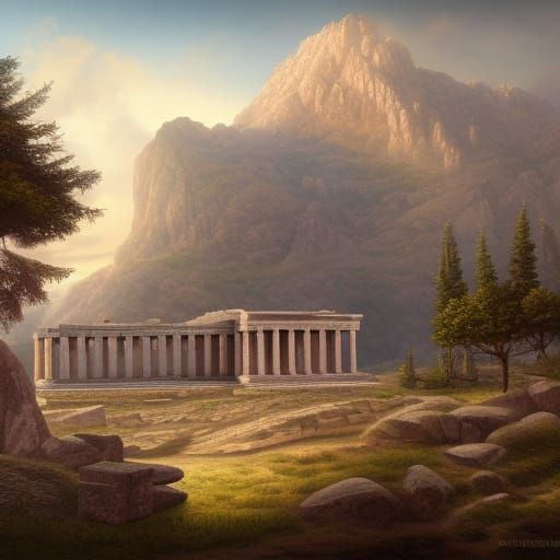 Ancient Greek Temple on Mountain: Matte Painting