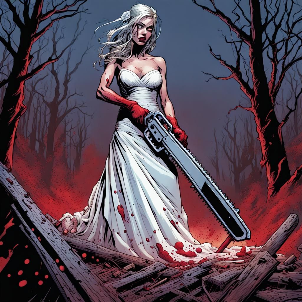 Bleeding Bride with Chainsaw in Comic Book Art