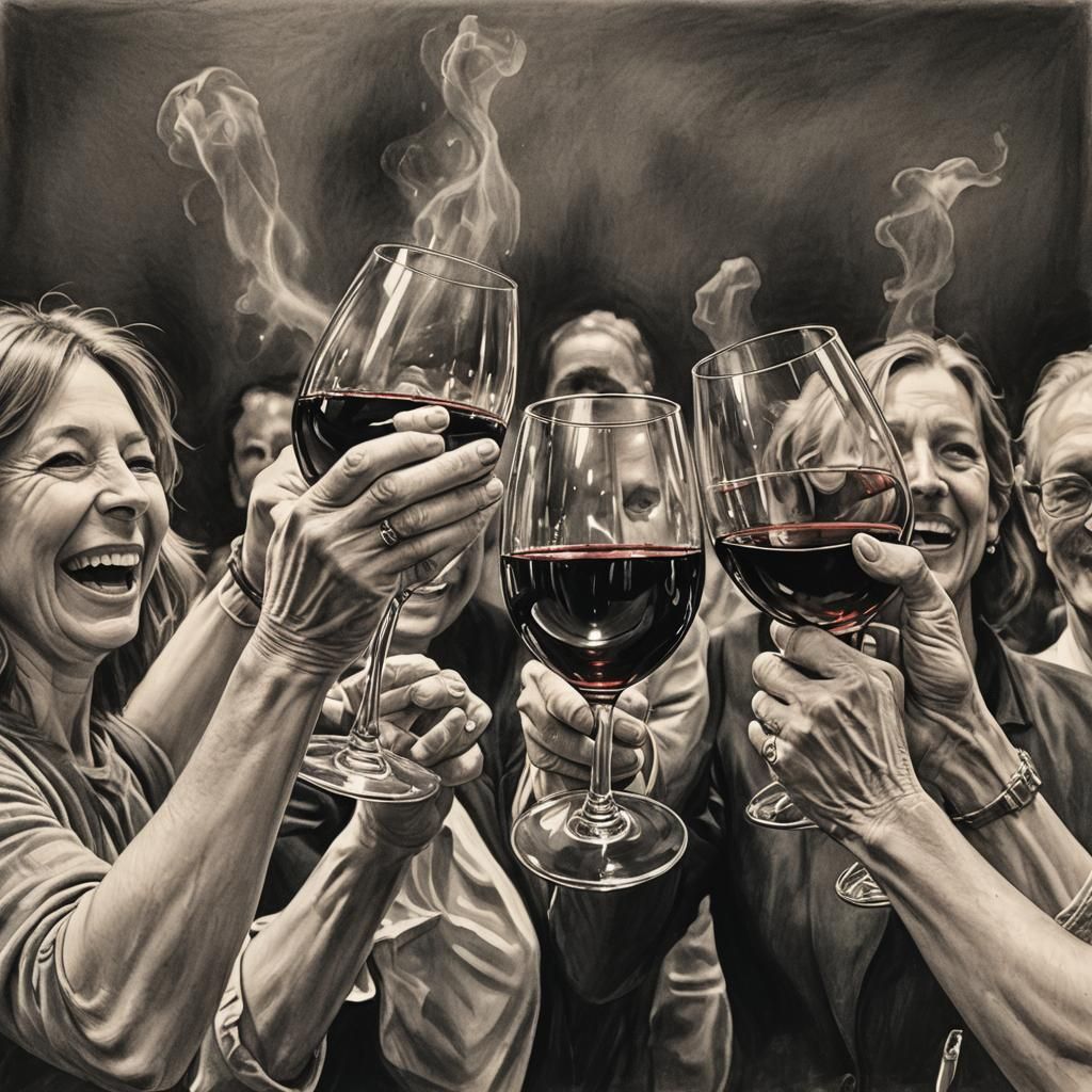 Wine Glasses Cheering in Charcoal Drawing