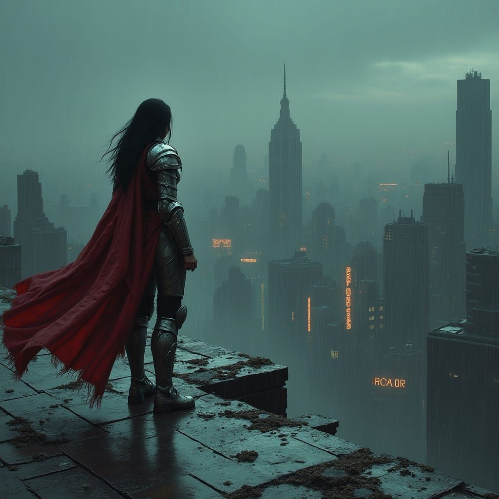 Warrior Woman on Rooftop Overlooking Neon Metropolis