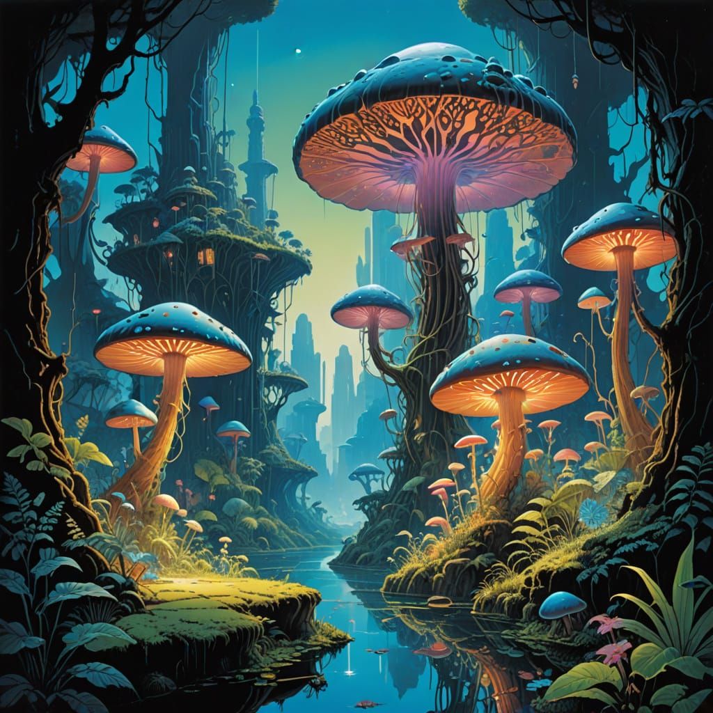 Alien Jungle with Crystalline Mushrooms and Floating City
