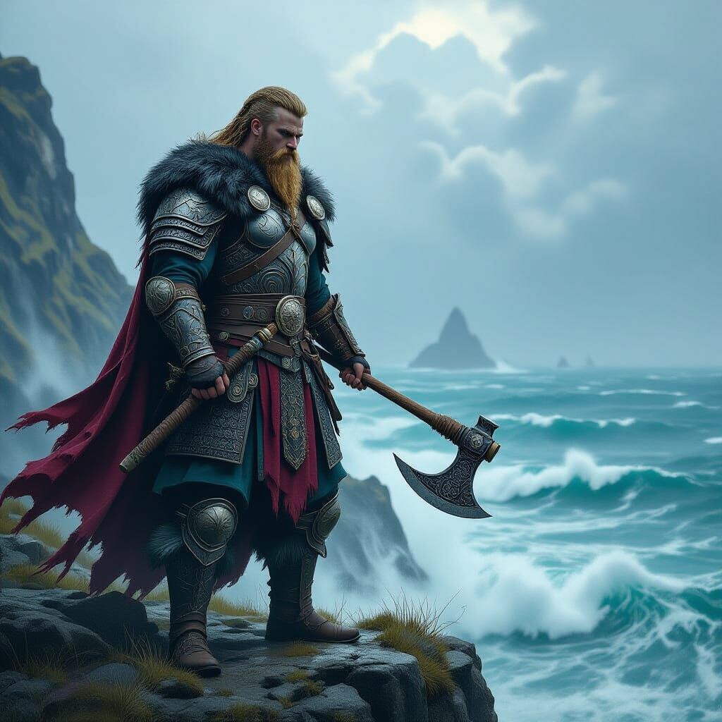 Viking Warrior on Windswept Cliff in Matte Painting Style