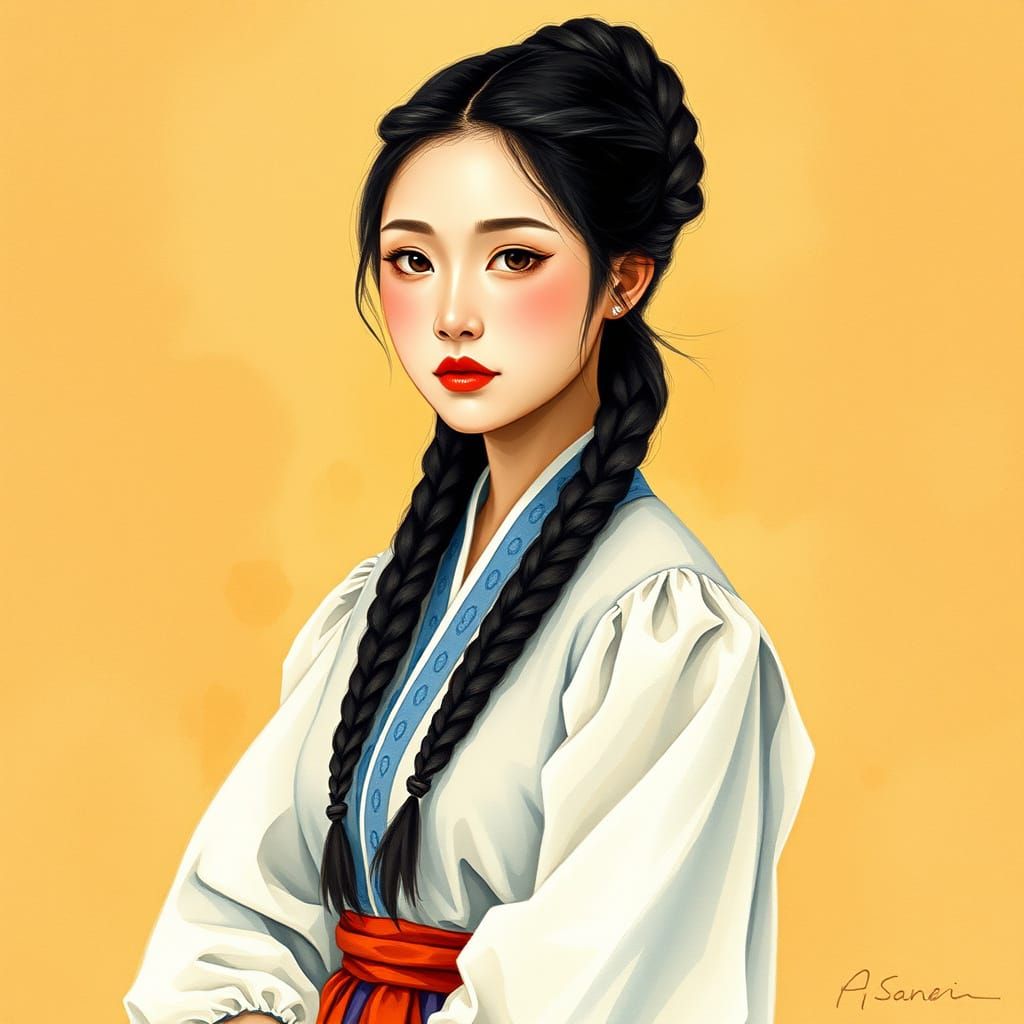 Elegantly Posed Korean Beauty in English Peasant Dress