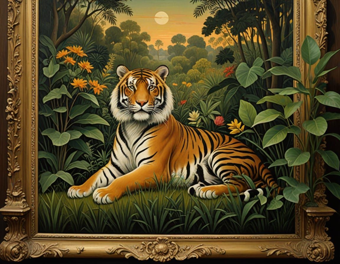 Vintage Tiger Painting Above Fireplace in Elegant Living Roo...