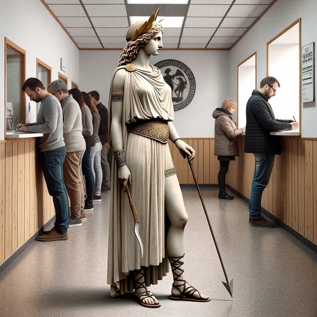 Artemis Waits in Line for Hunting Permit