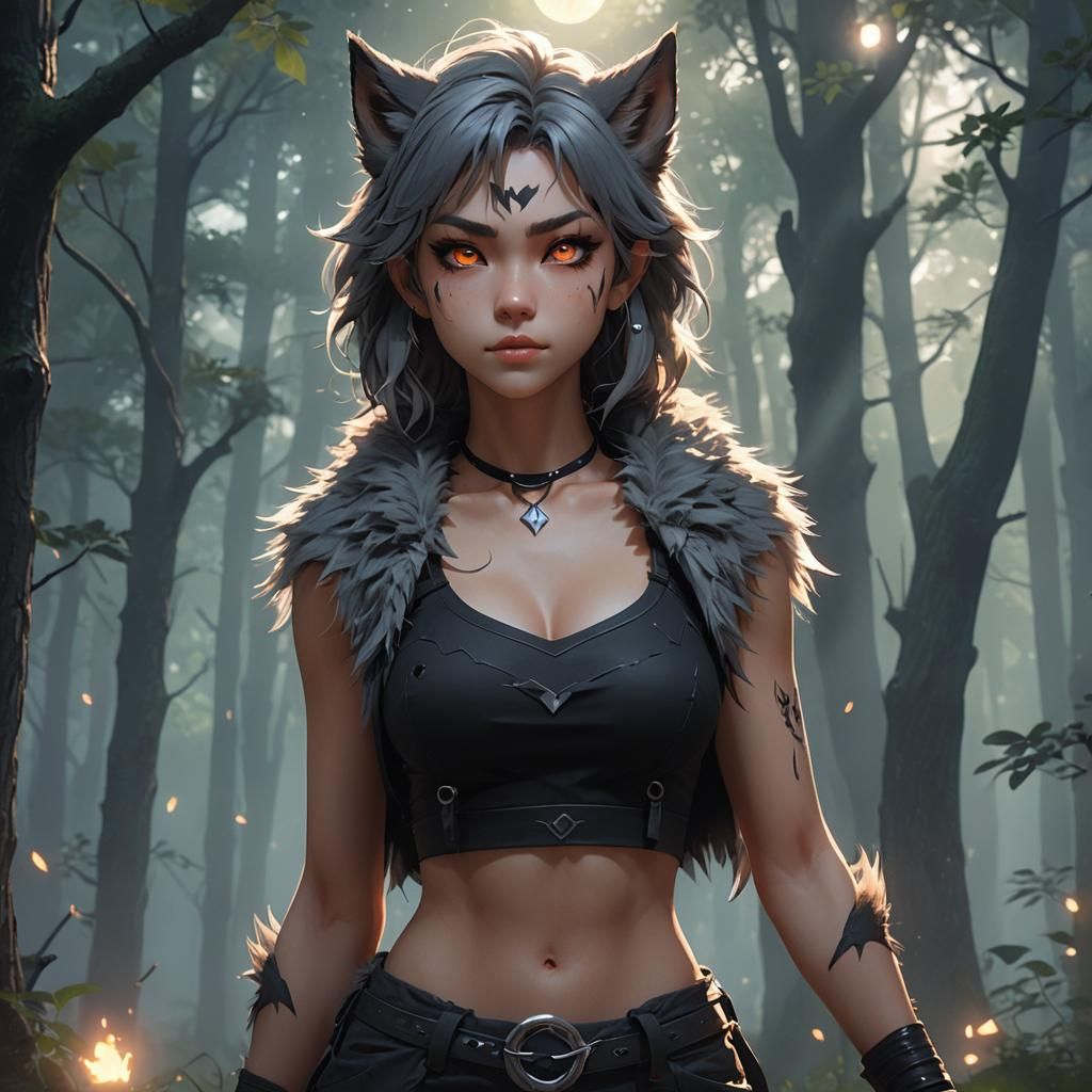Anime Werewolf Girl in Misty Forest, 3D Render