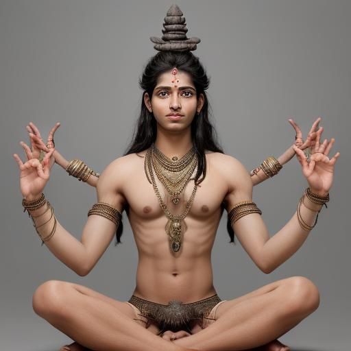 Young Man Posed as Shiva with Four Arms