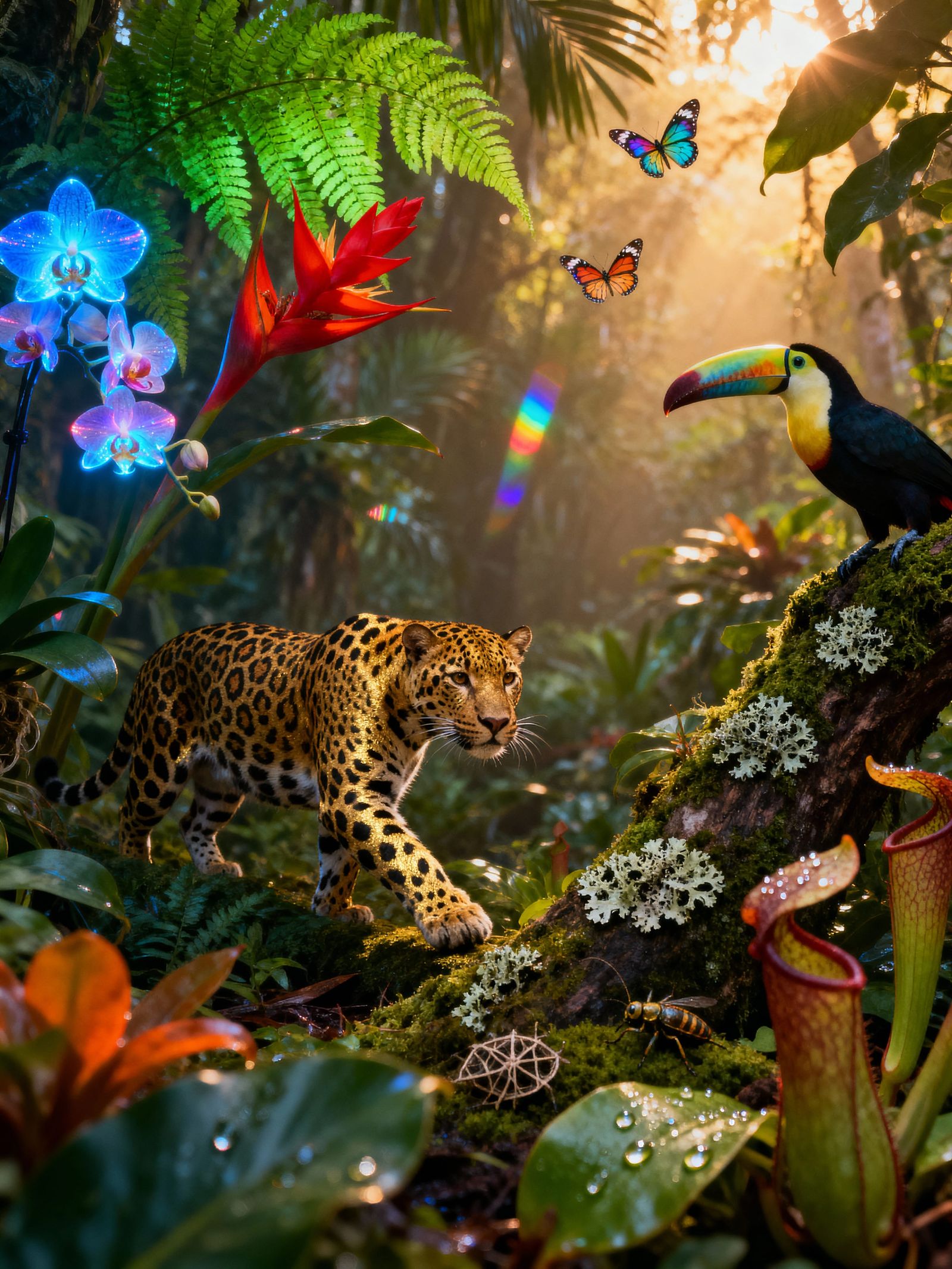 Vibrant Tropical Rainforest with Detailed Flora and Fauna