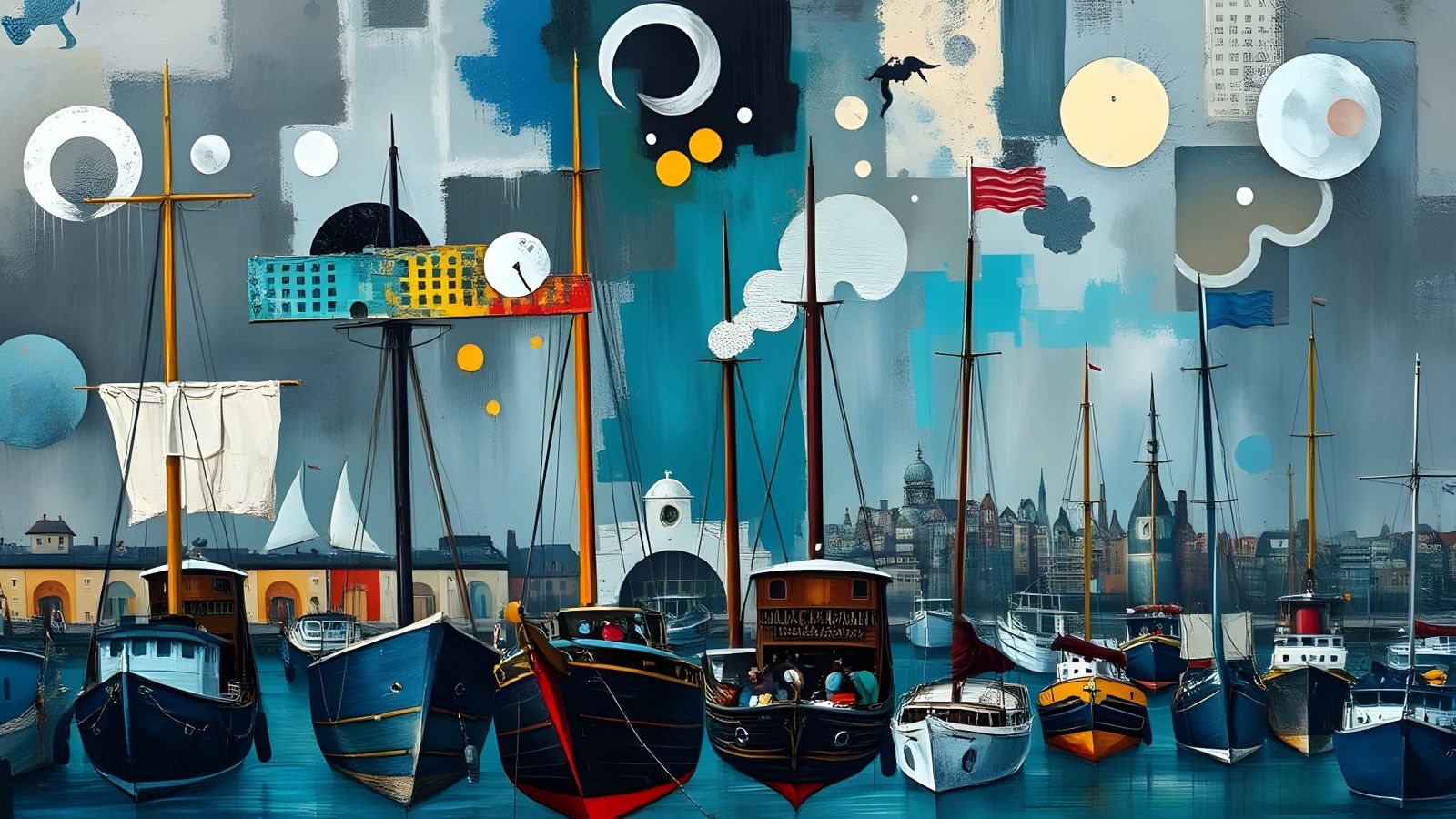 Abstract Expressionist Harbor with Surreal Vessels