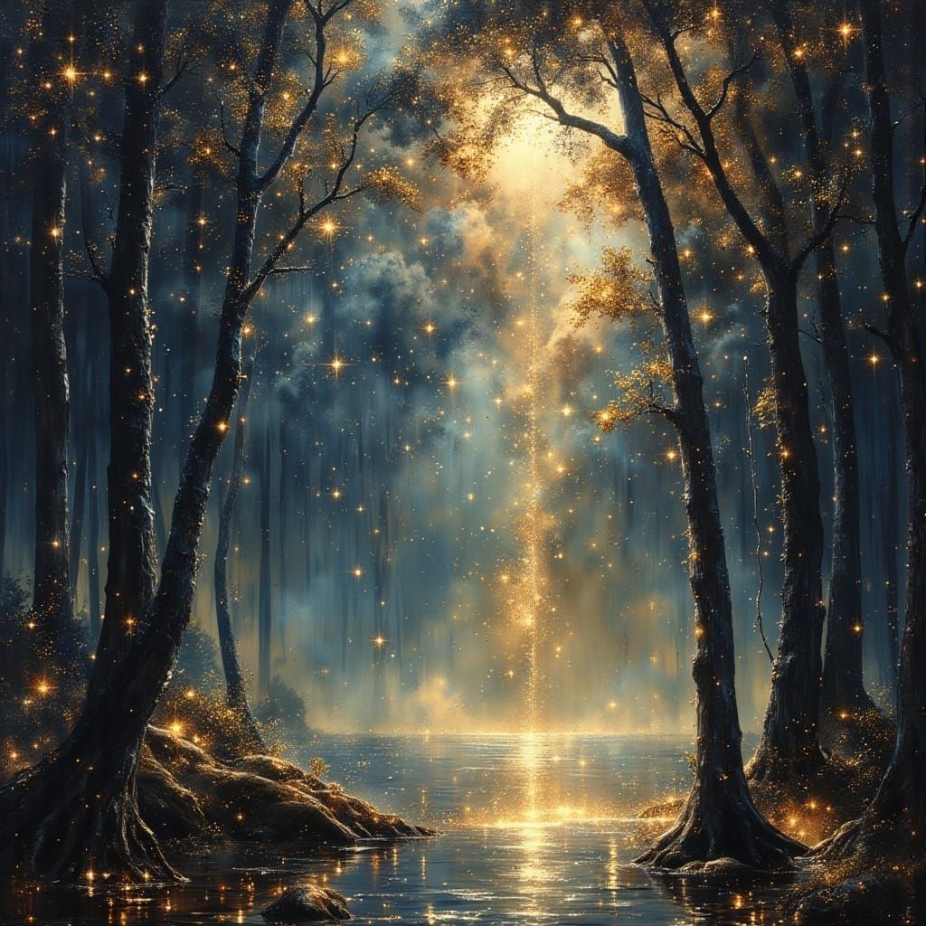Celestial Being Descends in Moonlit Forest