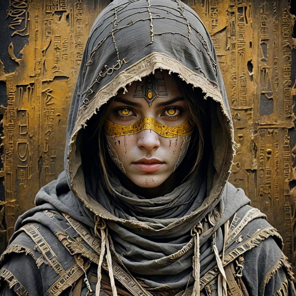 Mysterious Woman in Ancient Script Fabric