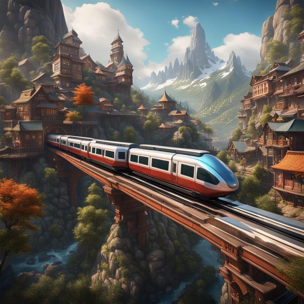 Monorail Through Mountain Town: Detailed Matte Painting