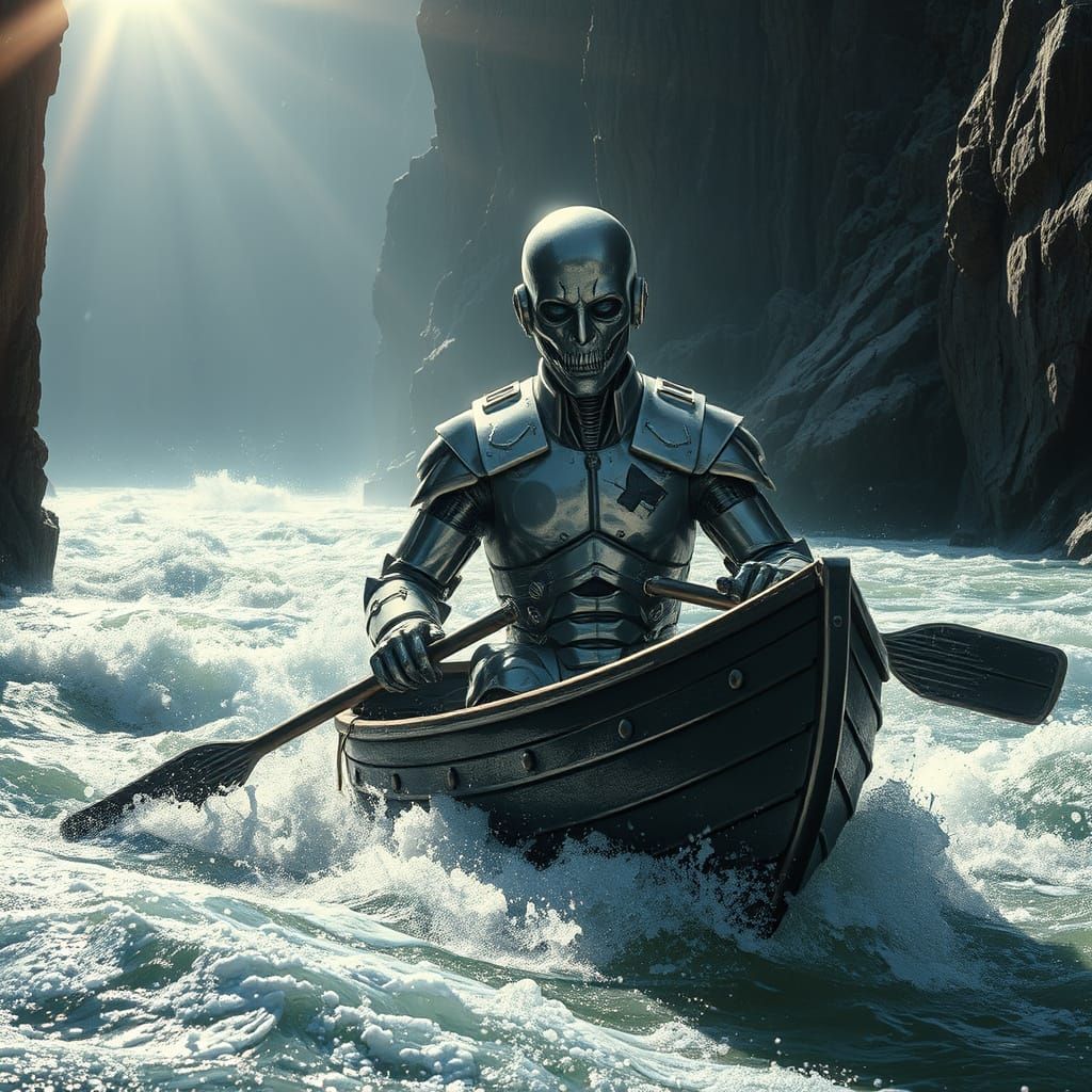 Melting Robot Paddling Wild River, Industrial Sci-Fi