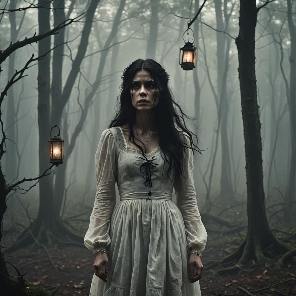 Haunting Woman in Foggy Forest, a Dark Film Still