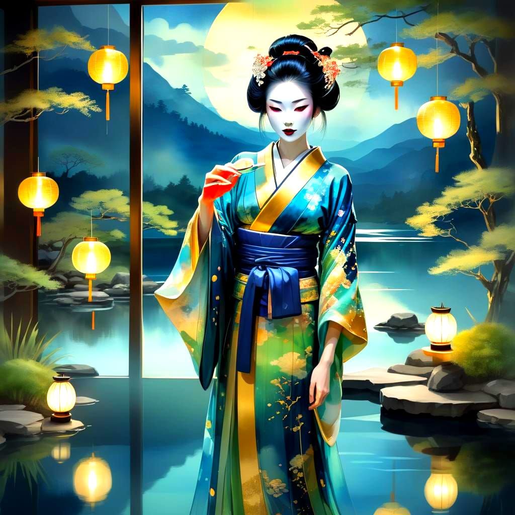 Bioluminescent Geisha in Tea Room: Abstract Art