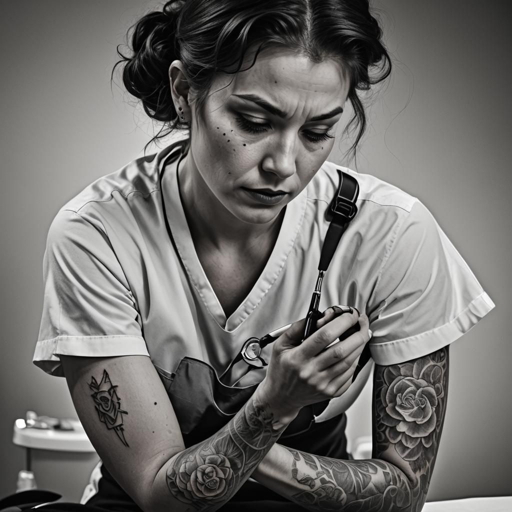 Noir Film Style Tattoo Nurse Applying Tattoo