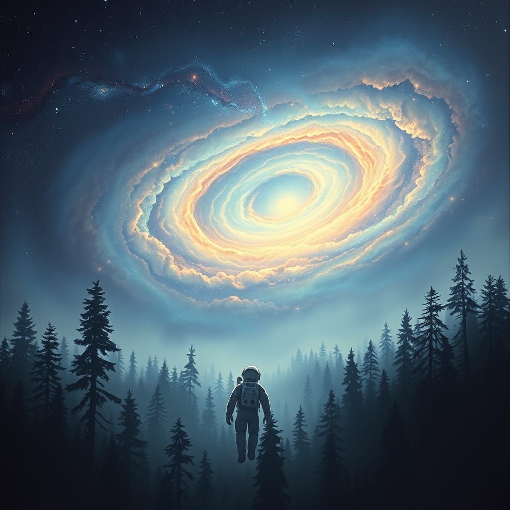 Astronaut Gazes at Forest Galaxy in Dreamy Painterly Style