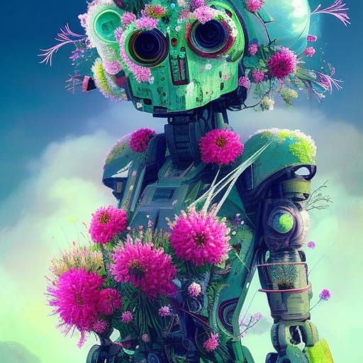 Floral Cyberpunk Robot in Rococo Style