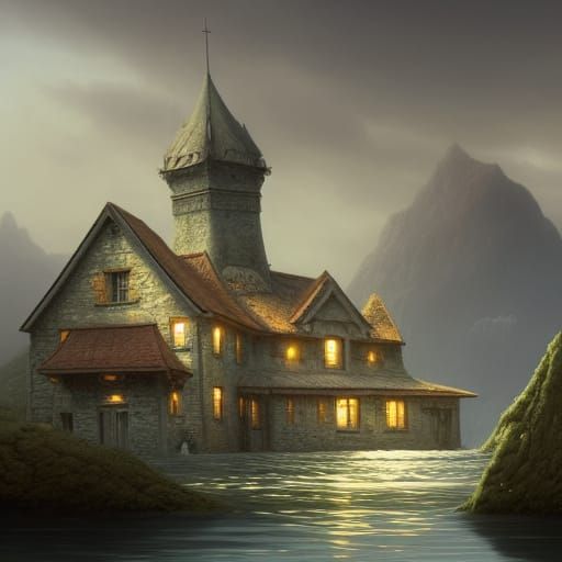Underwater European House with Fish, Matte Painting