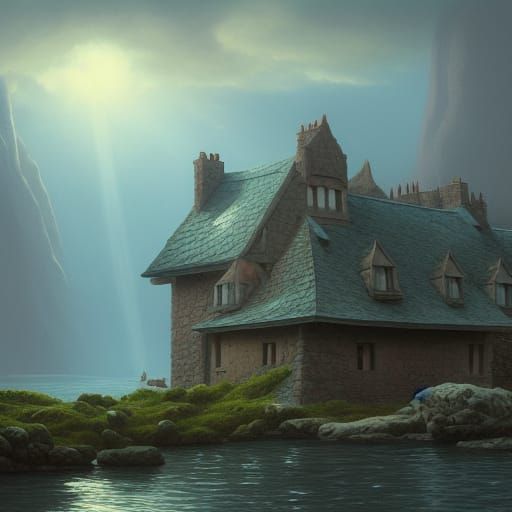 Submerged European House on Ocean Floor