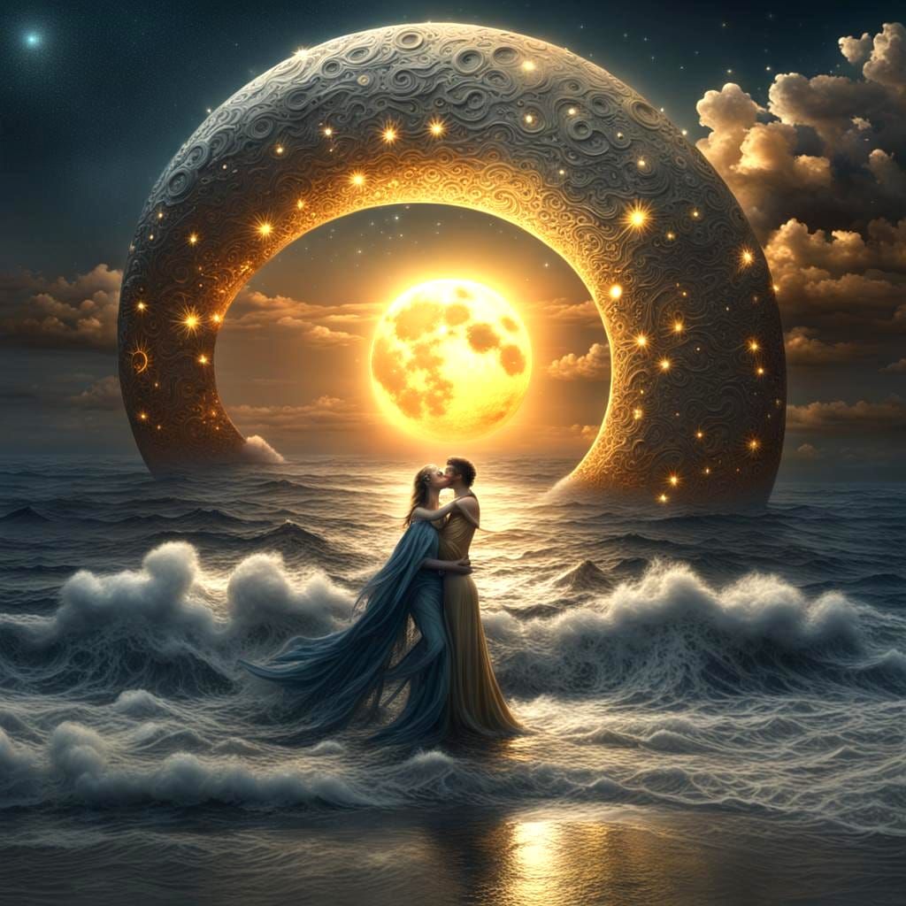 Surreal Moon and Sun Dance Above the Sea
