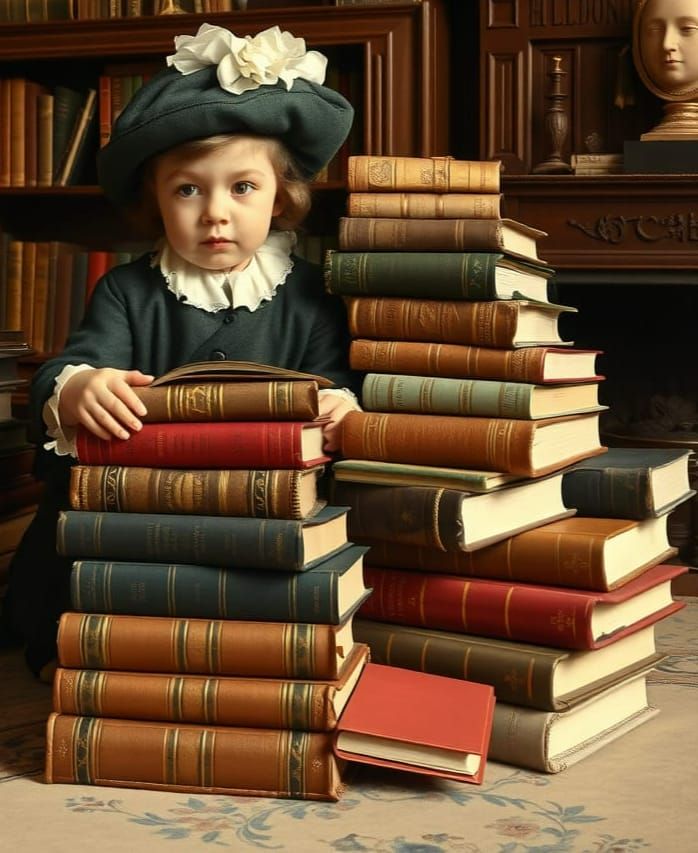 Victorian Child Surrounded by Leather-Bound Books in Elegant...