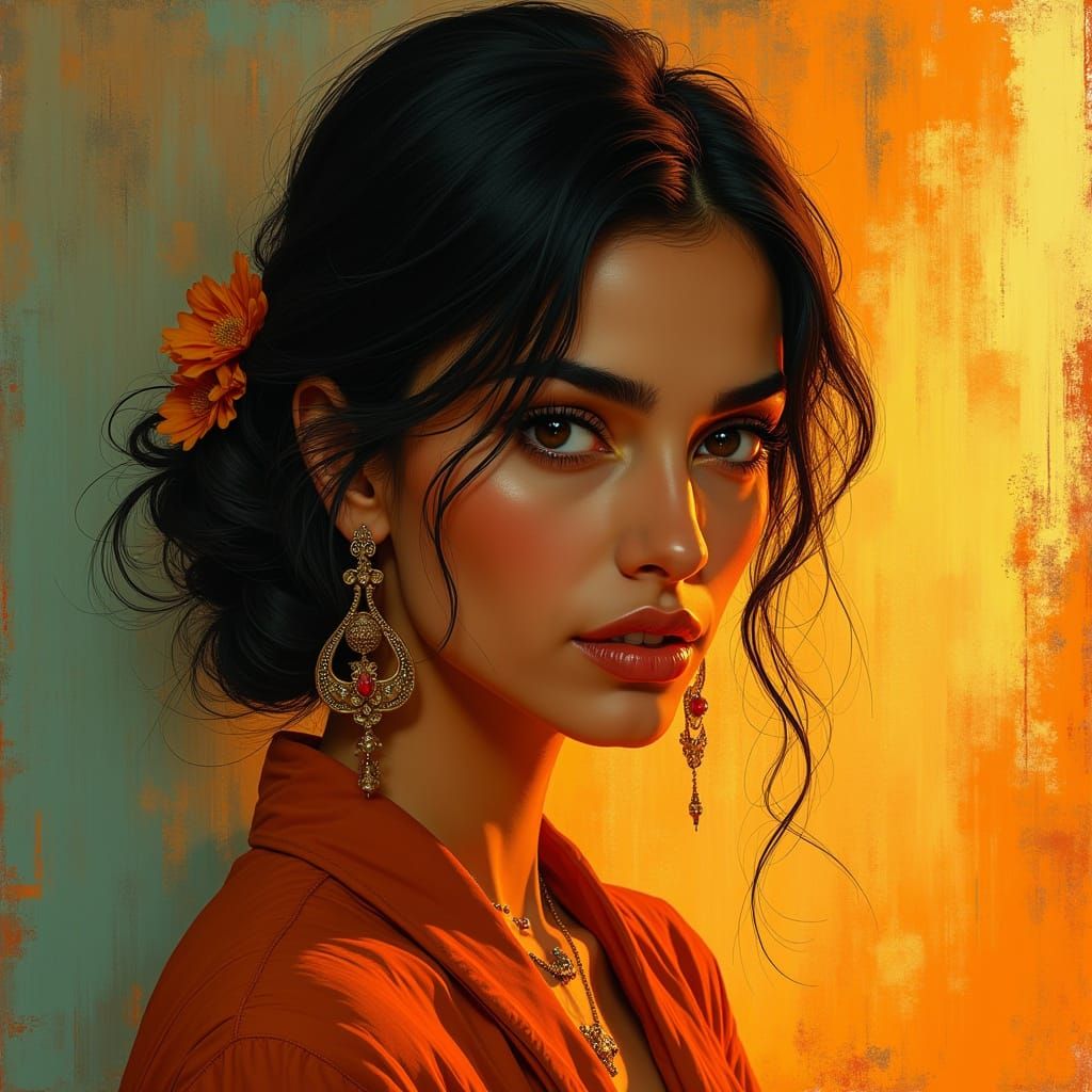 Sepia-Toned Portrait of a Dazzling Diva in Vibrant Golden-Br...