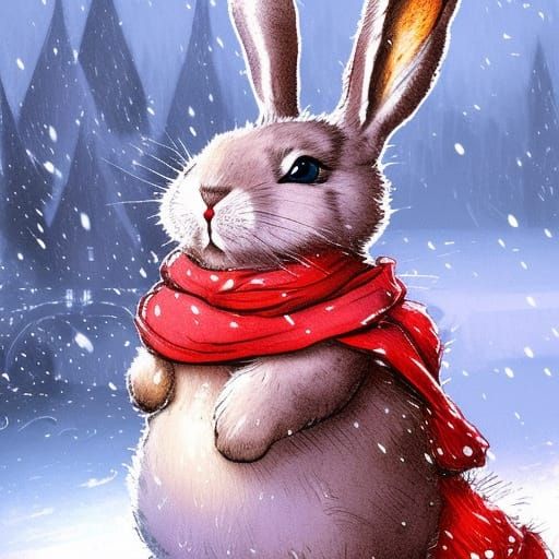 Cute Bunny in Winter Snow, Illustrated Style
