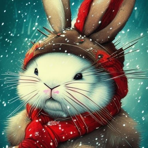 Anthropomorphic Bunny in Winter Snow, Detailed Matte Drawing
