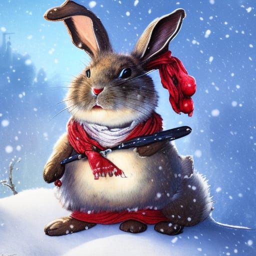 Anthropomorphic Bunny in Winter Snow, Potter Style