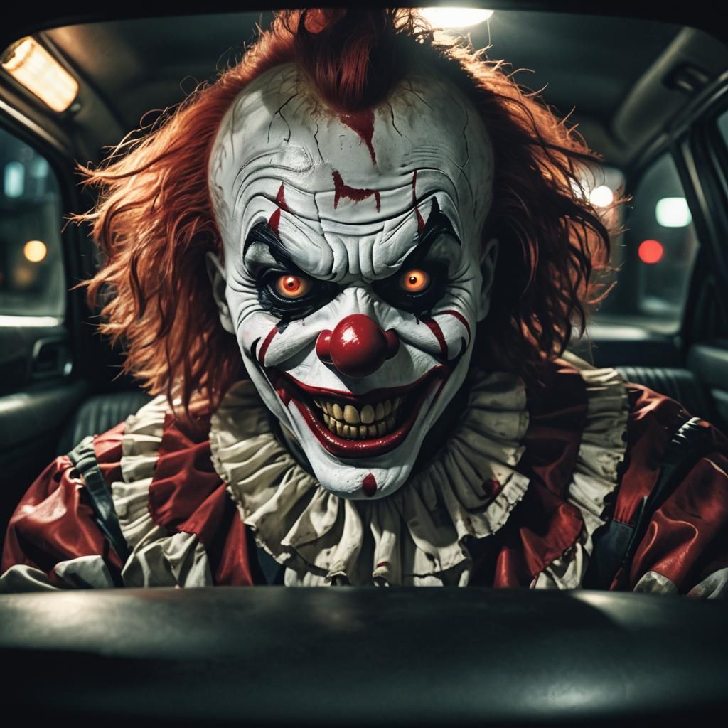 Menacing Killer Clown in Backseat Reflection