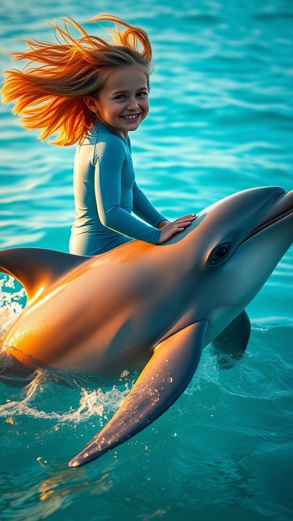 Girl Riding a Majestic Dolphin in Turquoise Ocean, Cinematic...