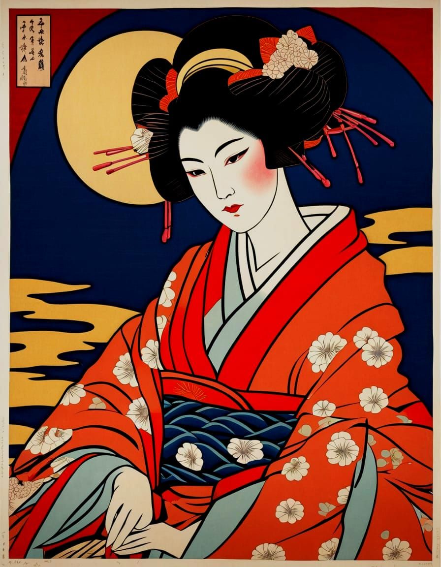 Ukiyo-e Geisha in Cosmic Kimono, Labyrinth Background