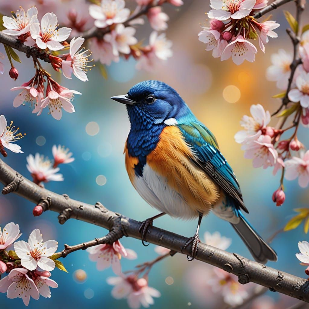 Vibrant Songbird Amidst Cherry Blossoms in Soft Focus