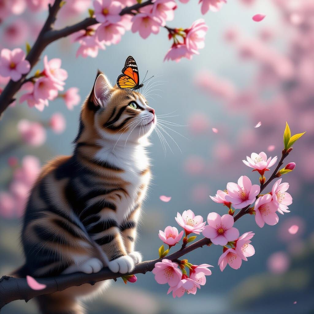 Cat and Butterfly in Cherry Tree: Fantasy Digital Art
