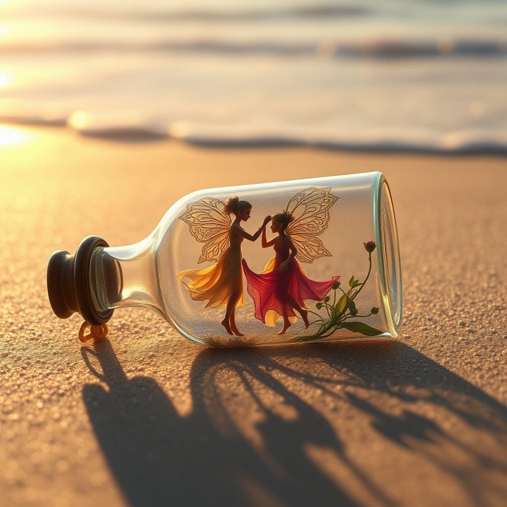 Elegant Elves Dance in a Glass Bottle on a Serene Beach