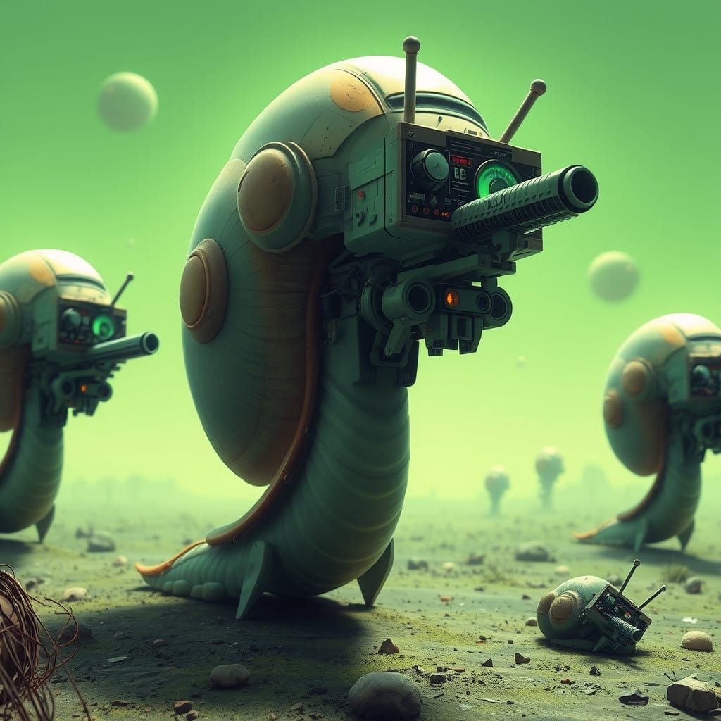 Cybernetic Snails Battle in a Futuristic Alien Landscape