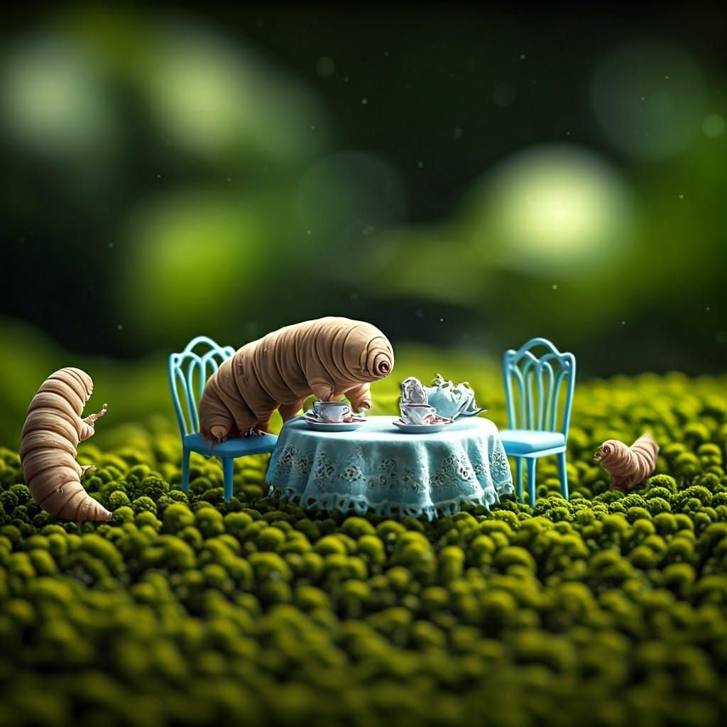 Whimsical Tardigrade Tea Party in a Delicate Garden
