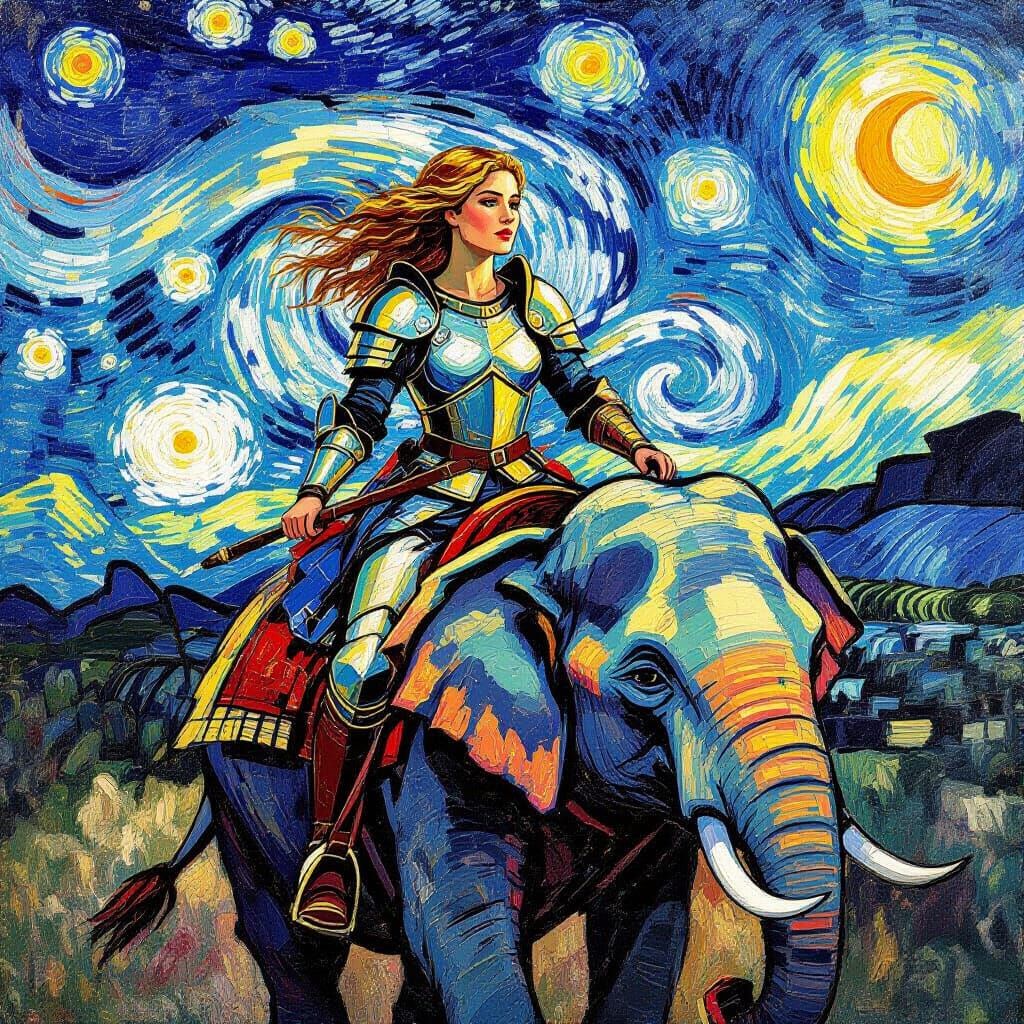Warrior Girl Rides Stylized Elephant in Impressionistic Styl...