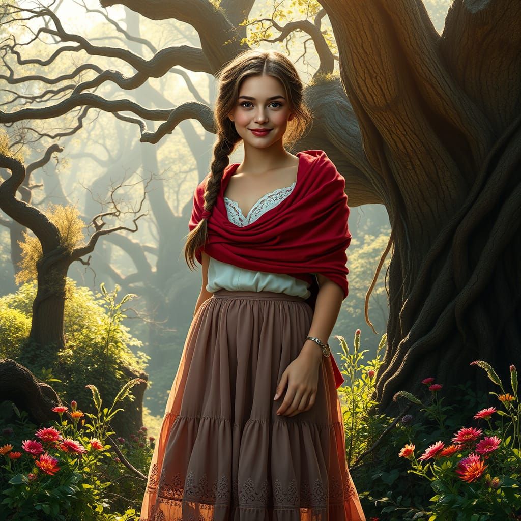 Dreamlike Forest Maiden in Vibrant Attire