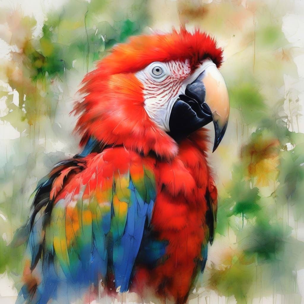 Scarlet Macaw in Emerald Rainforest Canopy Neo-Impressionist...