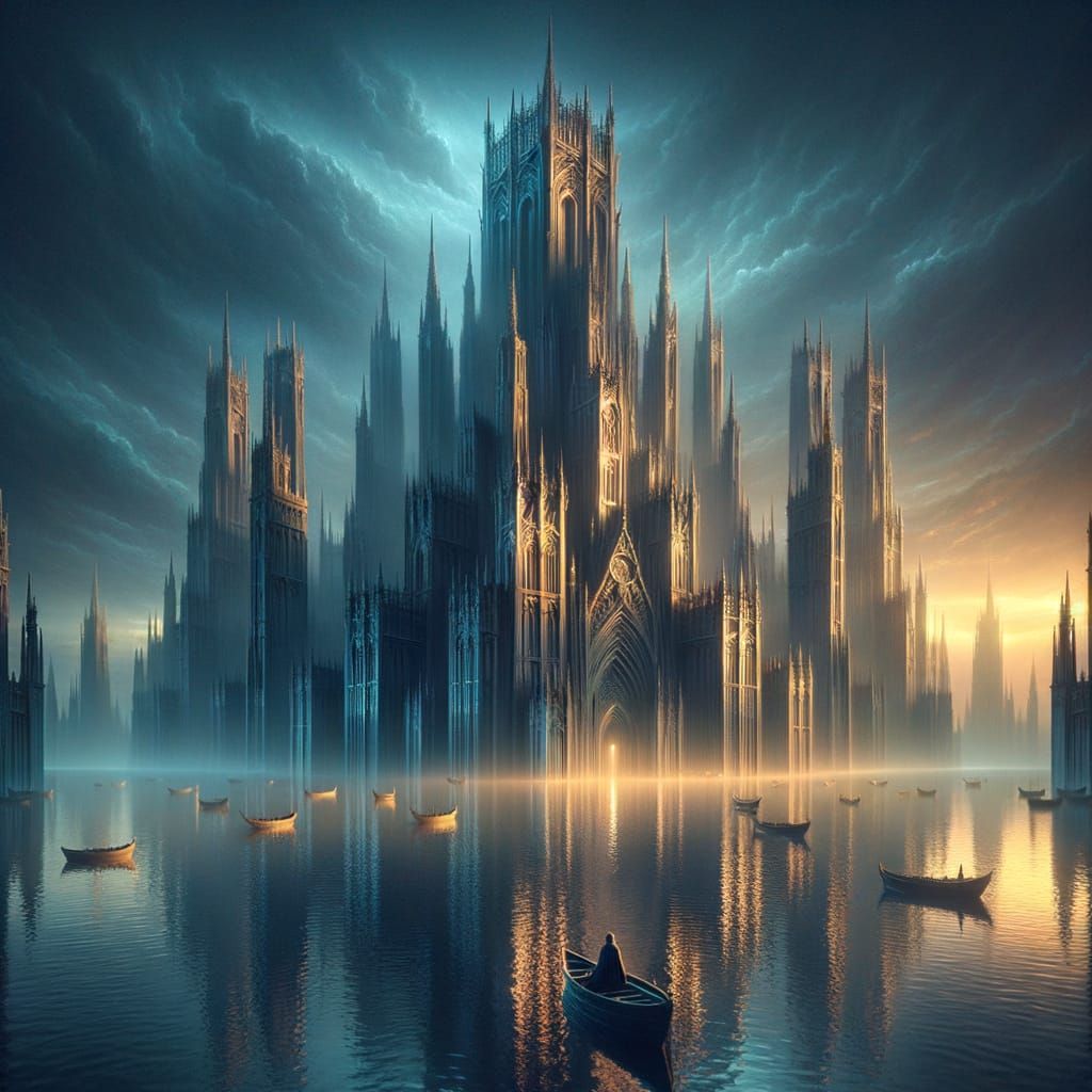 Gothic City Amidst Muted Blues and Golden Hues