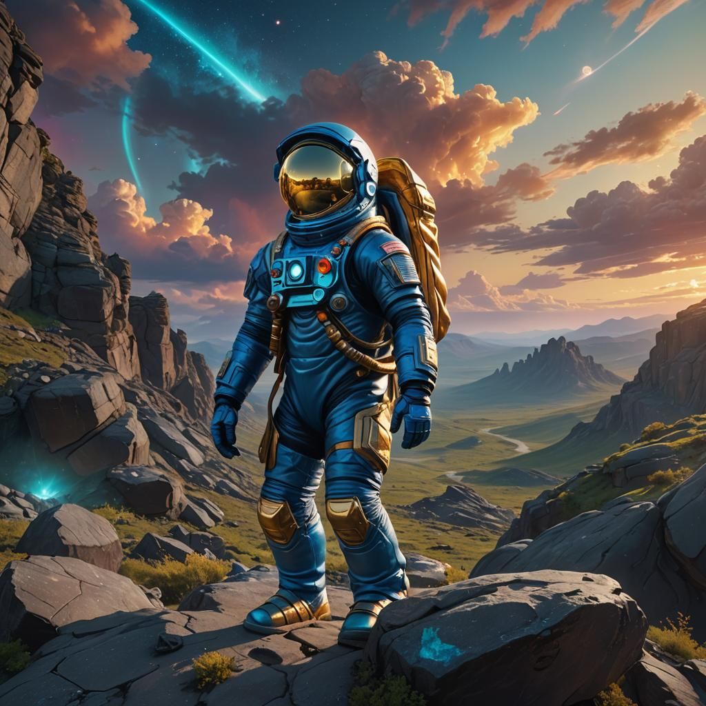 Plush Astronaut on Cliff with Green Aurora Sky