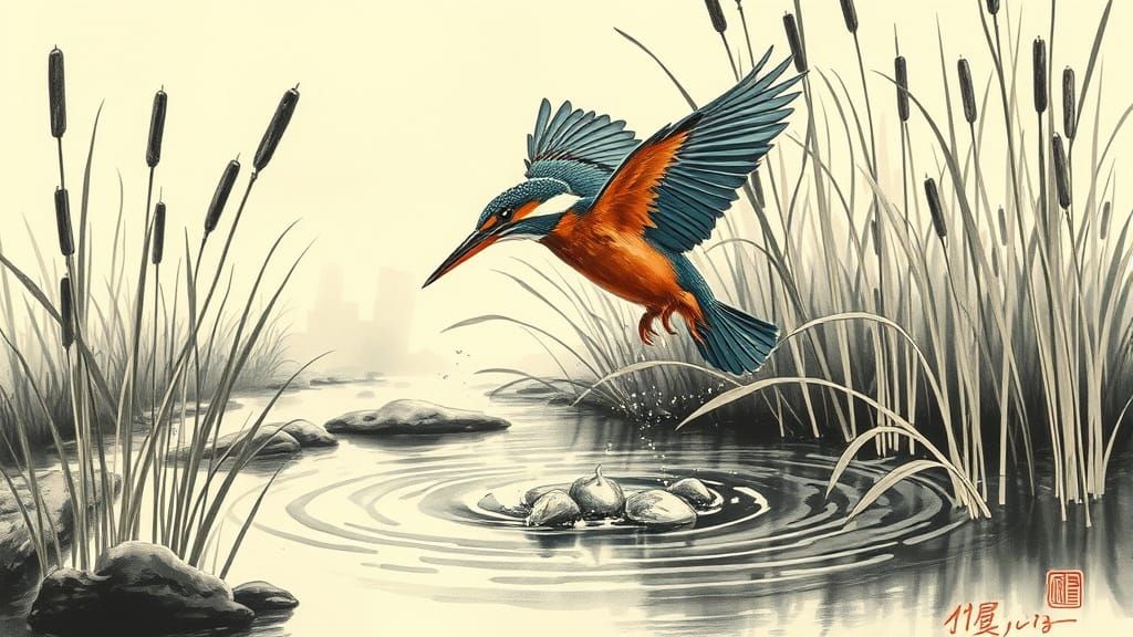 Kingfisher's Dive: Inkbrush Japanese Landscape